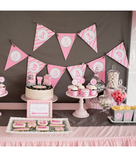 Vintage Train Engine Girl Pink and Grey Birthday Party Printables Collection